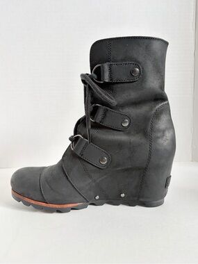 Sorel Joan Of Arctic Wedge Boots Waterproof Lace Up Moto Leather Black Size 8
